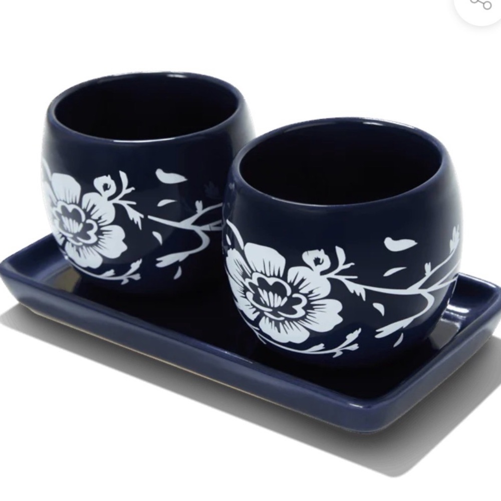 Summer & Rose Navy Blue and White Floral Ceramic Duo with Tray